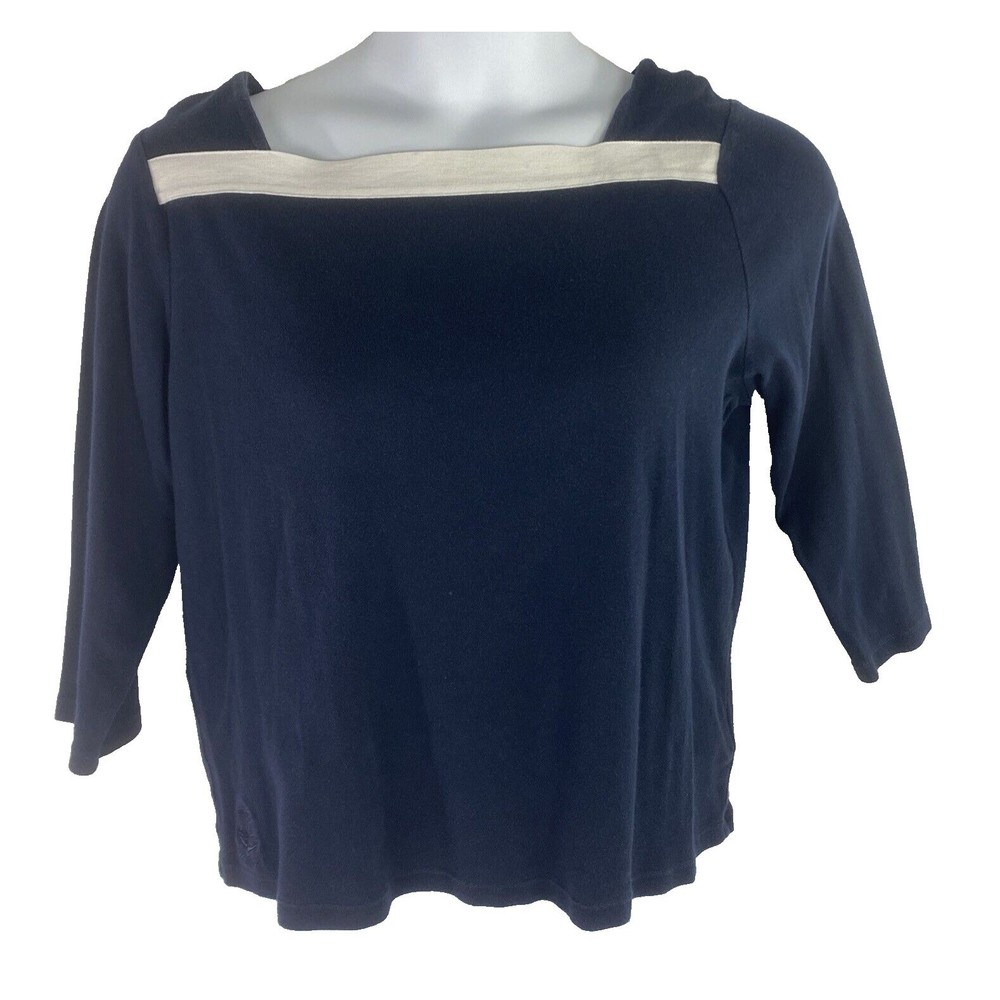 Lauren Ralph Lauren Women's XL Blue Blouse White Trim 3/4‎ Sleeve Preppy Boxy